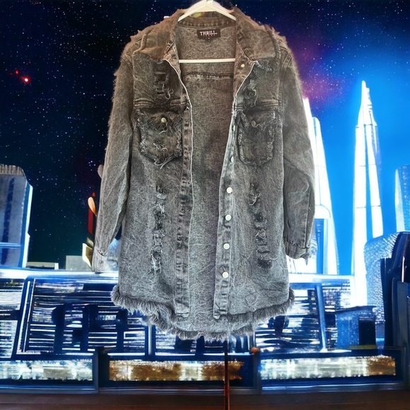 Thrill Jeans Distressed Torn Ripped and Frayed Long Denim Jean Jacket Small - Picture 1 of 8